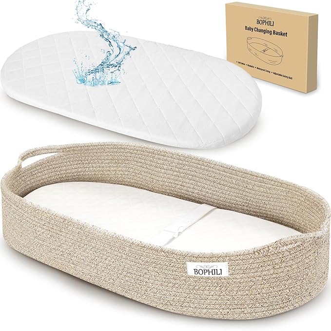 Baby Changing Basket Foldable Baby Changing Pad and Waterpoof Cover, Premium Handmade Cotton Rope Reinforced Moses Baskets Changing Table Topper, Built-in Security Strap (Warm Brown)