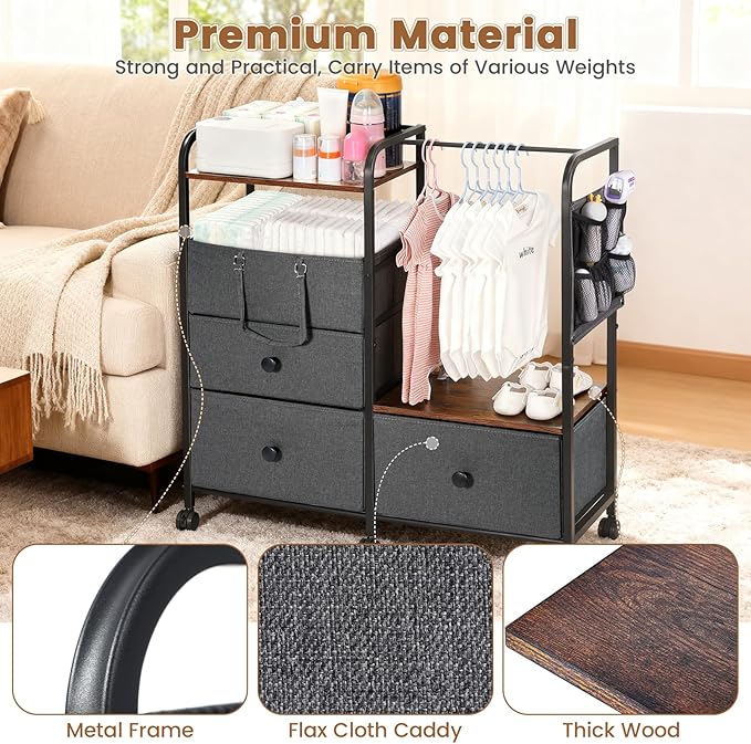 Orzbow Baby Diaper Caddy Cart Organizer and Storage | 4 Tier Baby Rolling Cart with Dividers and Drawers, Metal Rolling Utility Cart for Nursery, Bedroom, Changing Table & Crib, Easy to Assemble, Grey