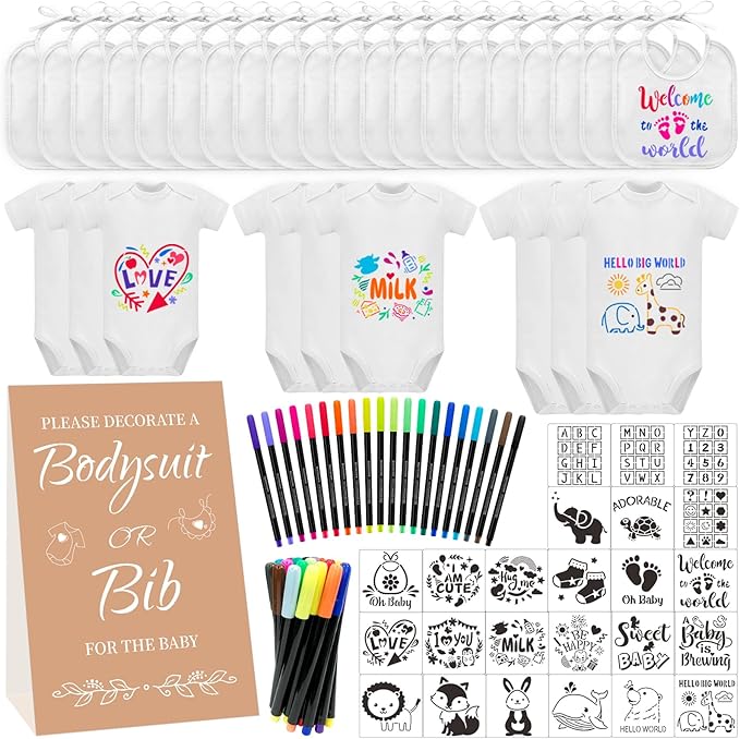 Bibs Bodysuits Baby Shower Game Sign Set Newborn Onesies Feeder Gift Fabric Marker Stencils Kit