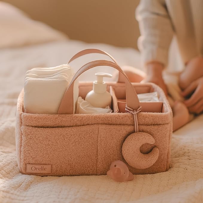 Orelle Bouclé Diaper Caddy Organizer with Matching Pouch & Moon Pendant | Teddy Portable Changing Table Organizer | Pink Diaper Caddy | Must-Have Baby Shower Gifts | Pink