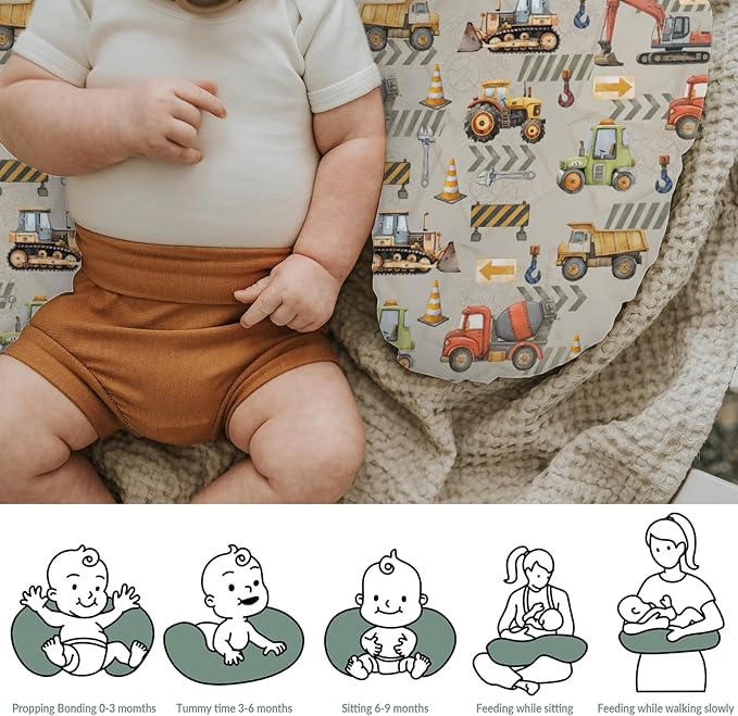 Construction Truck Vehicle Baby Nursing Pillow Covers for Boy Girl Excavator Tractor Digger Dump Truck Nursery Feeding Pillowcase for Breastfeeding Pillows Soft Stretchy Slipcovers for Newborn Infant