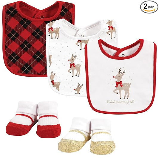 Hudson Baby Unisex Baby Cotton Bib and Sock Set, Fancy Rudolph, One Size
