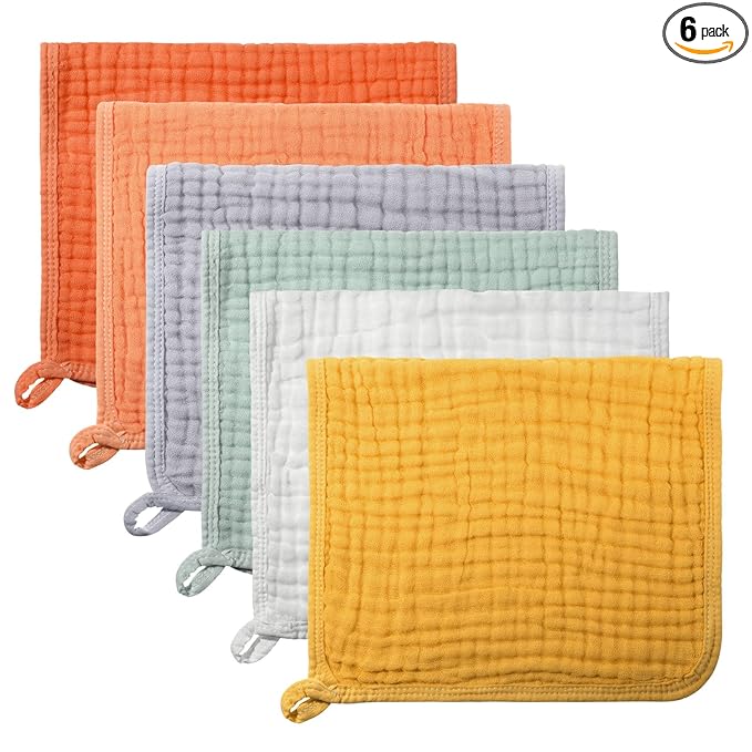 Hicarer 6 Pcs Girl Muslin Burp Cloths Cotton Burping Spit Rags Large 20 x 10 Inch 6 Layers Newborn Soft Absorbent Multicolor Wash Cloths Diapers for Baby Shower(Warm Color Series)