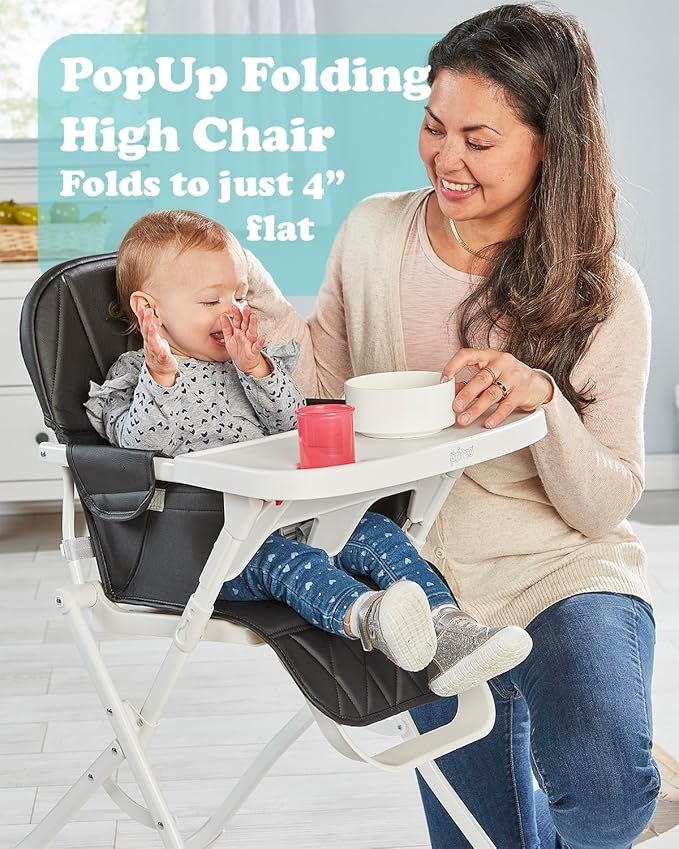 Primo PopUp Folding High Chair for Baby Age 6 to 36 Months - Black Folding Beach Style High Chair with Removable Dishwasher Safe Tray, 3pt Safety Harness, Leatherette Seat - Space Saving Design