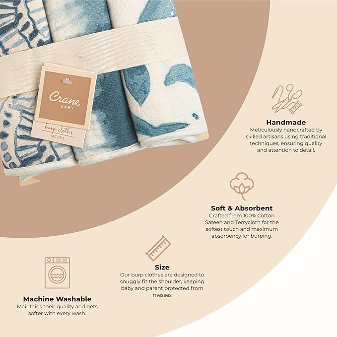 Crane Baby Muslin Baby Burp Cloths, Lightweight Absorbent Burp Cloth, Ocean Theme, Set of 3, 7" x 20", Newborn Baby Essentials, Burp Cloths Baby Boy, Burp Cloths Baby Girl, Baby Newborn Essentials