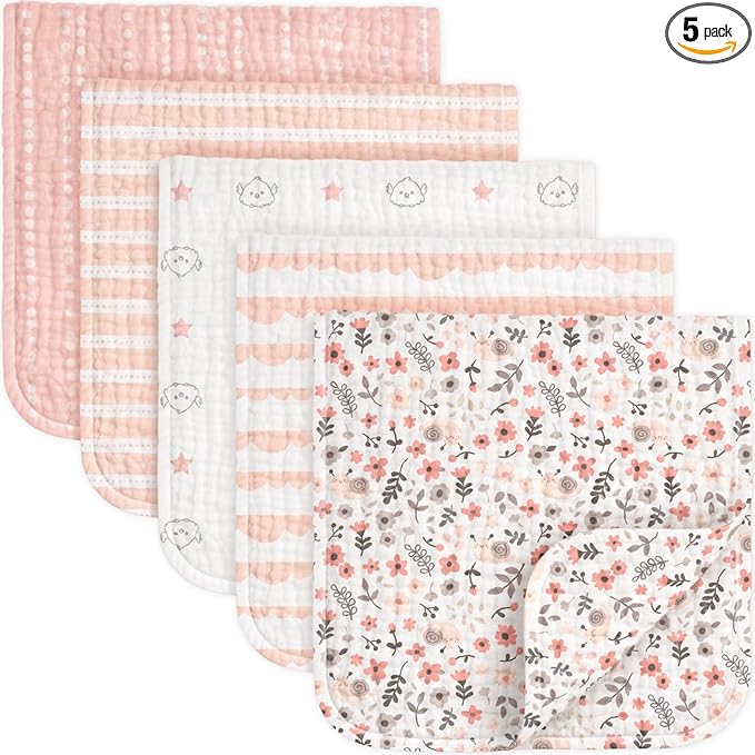 KeaBabies Organic Muslin Burp Cloths Baby Boy, Girl – 5-Pack 100% Cotton Muslin Burping Cloths for Babies, Newborn, 21x10 Large & Absorbent Spit Up Rags, Baby Washcloth, Infant Towels (Sweet Charm)