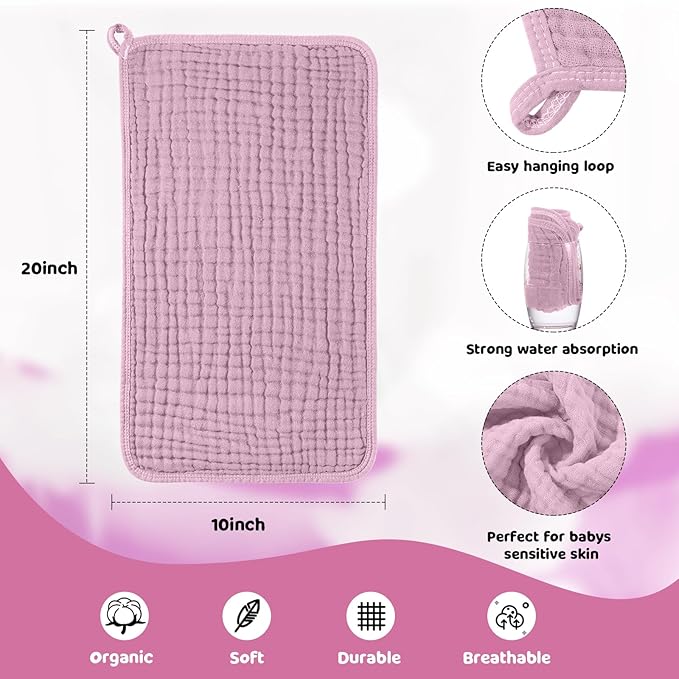 Tallew 8 Pack Muslin Burp Cloths and Baby Bibs for Boy Girl 20" x 10" Cotton Baby Bandana Drool Bibs Muslin Burp Cloths Absorbent Rag for Newborn Toddler Infant Gifts(Pink Series)