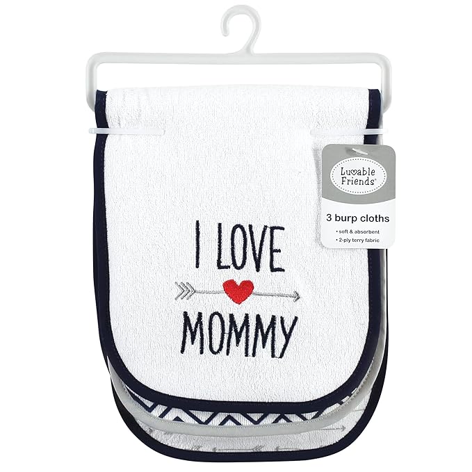 Luvable Friends Unisex Baby Cotton Burp Cloths with Fiber Filling, Hearts Boy Mommy, One Size