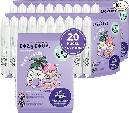 Cozycove Travel Pack Size 5 Training Pants Carton, Play Hard Slim Active Pants Diapers, Size 5 (20-31 lbs), 100 Count (20 Packs of 5)