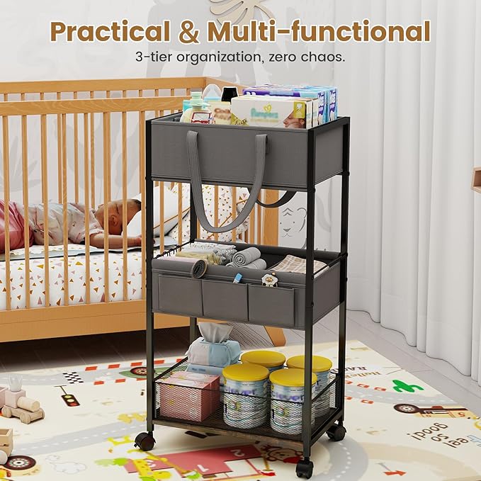 Diaper Caddy Organizer and Storage, 3-Tier Baby Storage Organizers with 2+2 Dividers, Large Capacity Diaper Rolling Cart for Nursery, Diaper Caddy Cart for Crib, Bedroom, Bathroom