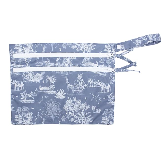 BapronBaby Savanna Blue Wet Dry Bag - Waterproof Two Zipper Pocket - Reusable for Mealtime, Diapers, Stroller, Snacks, Swimsuits - Machine Washable - 11" x 9"