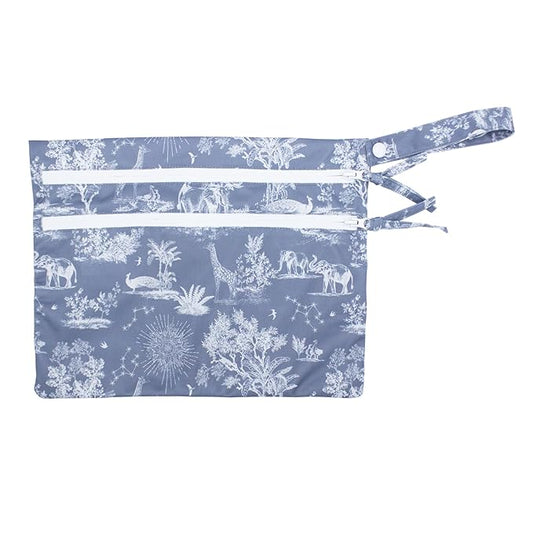 BapronBaby Savanna Blue Wet Dry Bag - Waterproof Two Zipper Pocket - Reusable for Mealtime, Diapers, Stroller, Snacks, Swimsuits - Machine Washable - 11" x 9"