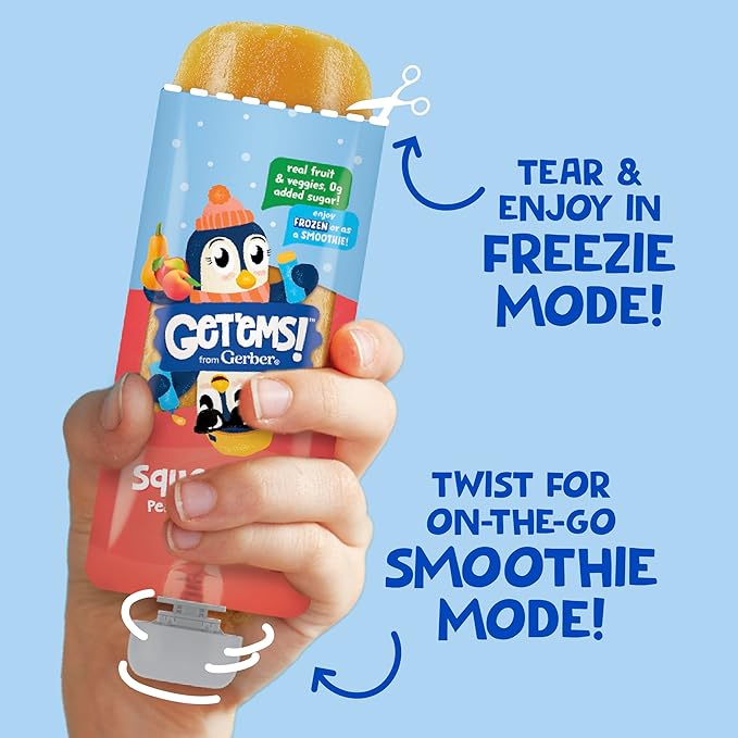 Get'ems from Gerber, Squeezies, Peach Apple Twist Kids Smoothie Pouch, Fruit and Veggie Pouches, Ice Pops, Freezie Fruit Pops, Snacks for Kids, 8-Pack