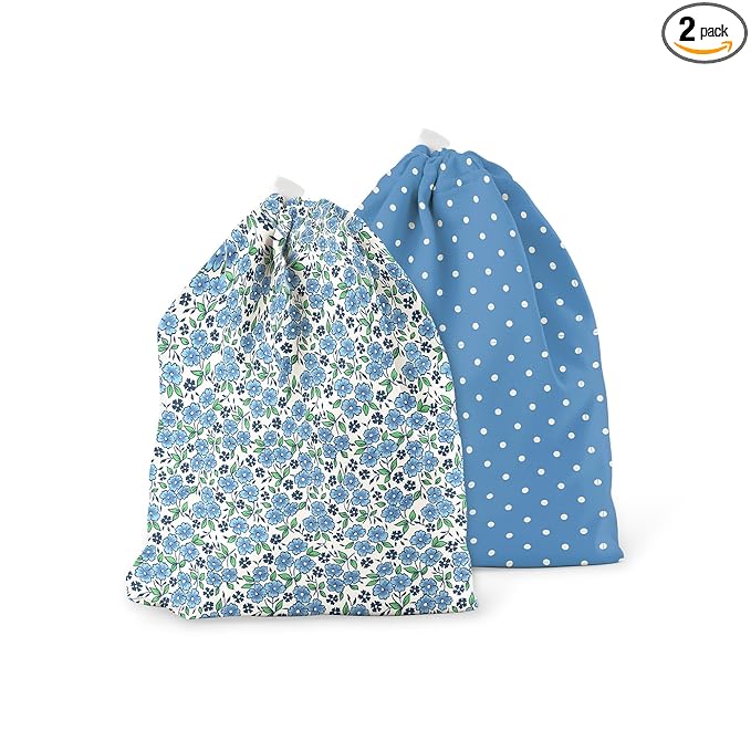 Esembly Ditty Bag Duo - Reusable Waterproof Wet Bags for Cloth Diapers, Swimsuits, Toiletries, and Snacks, Set of 2 - Forget-me-not + Penny Dot