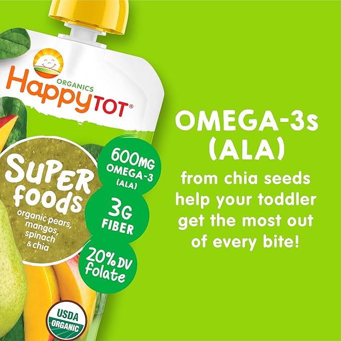HAPPYTOT Organics Stage 4 Baby Food Pouches, Gluten Free, Vegan Snack, SuperFoods Fruit & Veggie Puree, Pears, Mango, Spinach & Chia, 4.22 Ounce (Pack of 1)