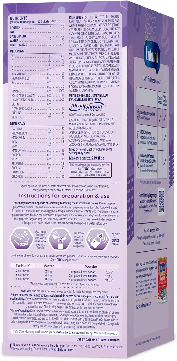 Enfamil NeuroPro Gentlease for easing Fussiness, Crying, Gas, Spit-up in 24 Hrs, Smaller Proteins for Easy Digestion, Brain Supporting DHA, Prebiotic Blend, HuMO6*, Baby Formula, Powder Refill Box, 30.4 Oz