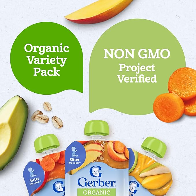 Gerber Stage 2 Baby Food, Organic, Baby Food Pouches, Puree Pouches, Non-GMO, No Artificial Flavors or Colors, 9-Pack