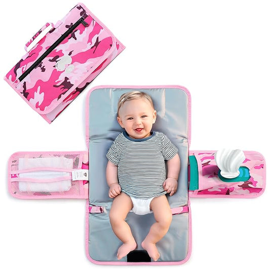 Pink Baby Camo Portable Diaper Changing Pad Waterproof Foldable Travel Mat with Pockets Soft Oxford Fabric Lightweight Compact Changing for Parents Multiple Pockets for Storage