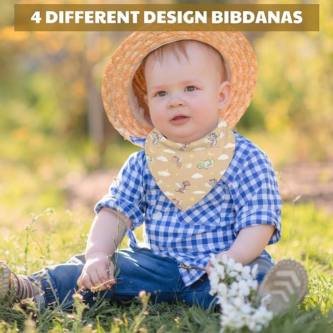 VitalCozy 4 Pcs Watercolor Dragon Baby Bandana Bib Cotton Newborn Infant Feeding Drool Bib for Drooling and Teething Girl Boy