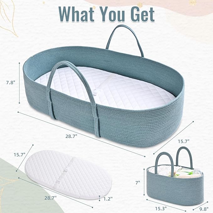 Changing Baskets Set,Moses Basket with Pad and Diaper Caddy,Set of 2 Baskets,Portable Cotton Rope Woven Basket,Replaceable Pad,Gifts for Newborn 28.7" x 15.7" x 7.8"（Blue）