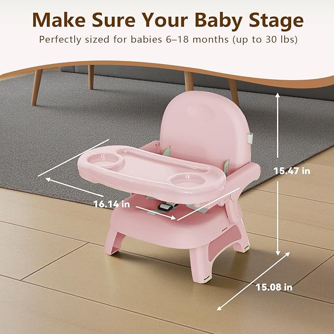 Booster Seat for Kitchen Chair, 3-in-1 Foldable & Portable Booster Seat with Tray, Extra Dishwasher-Safe Tray, Safety Straps for 6–18M (Up to 30 lbs), for Dining Table, Travel & Camping, Pink