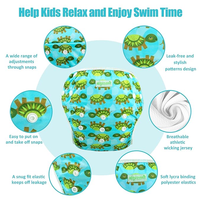 wegreeco Reusable Swim Diapers,Baby & Toddler Snap One Size Adjustable Reusable Baby Swim Diaper (Diving, Ocean, Turtle, Large, 3 Pack)