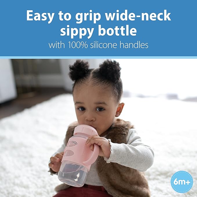 Dr. Brown's Milestones Wide-Neck Sippy Spout Bottle Bundle with Silicone Handles, Soft Sippy Spout, 9oz, 2-Packs in Black/Ecru and Light Pink/Ecru, 6m+