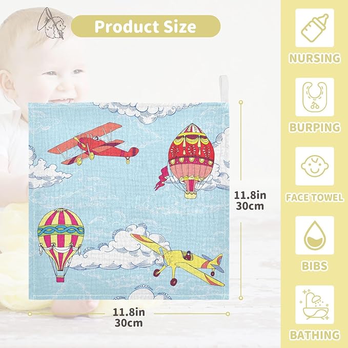 vvfelixl Baby Muslin Washcloths Hot Air Balloons Airplanes Baby Burp Cloths Cotton Baby Face Towel for Newborn Infants Boys Girls Soft and Absorbent 11.8 X 11.8 in, 3 Pack