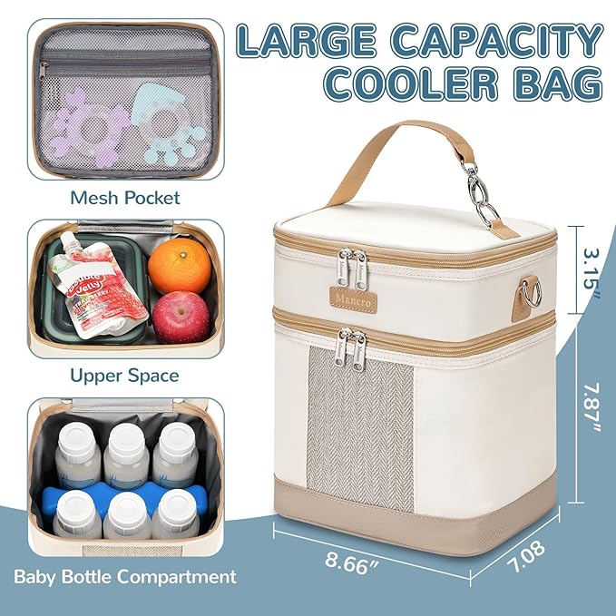 Mancro Breastmilk Cooler Bag with Ice Pack, Double Layer Breast Milk Cooler Bag Fits 6 Bottles Up to 9 Ounces, Leafproof Insulated Baby Bottle Bag for Nursing &Working Mom