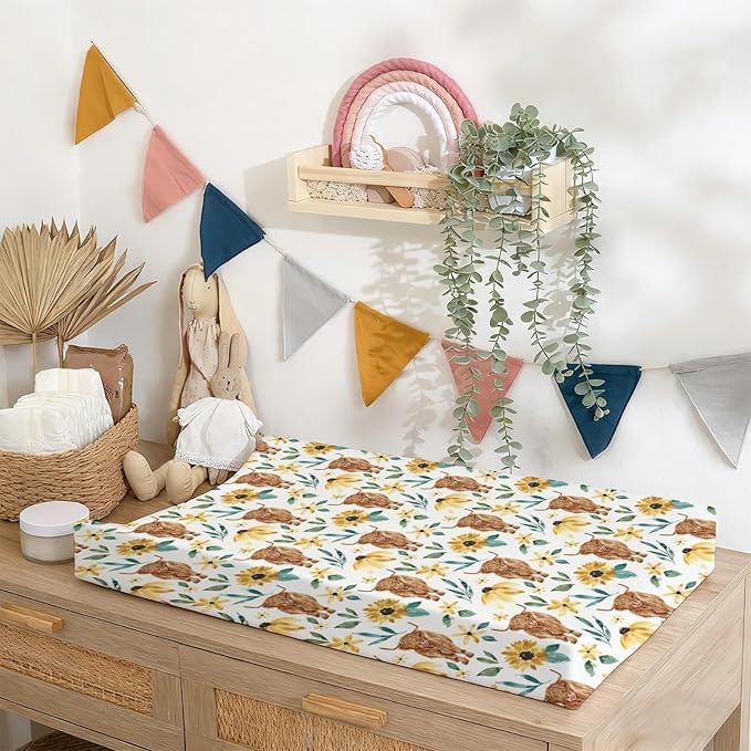 Changing Pad Cover for Baby Girls, 32"/34" x 16" Safe Snug Diaper Change Table Pad Covers, Soft Stretchy Changing Pad Sheets Highland Cow Sunflower Theme Nursery Decor
