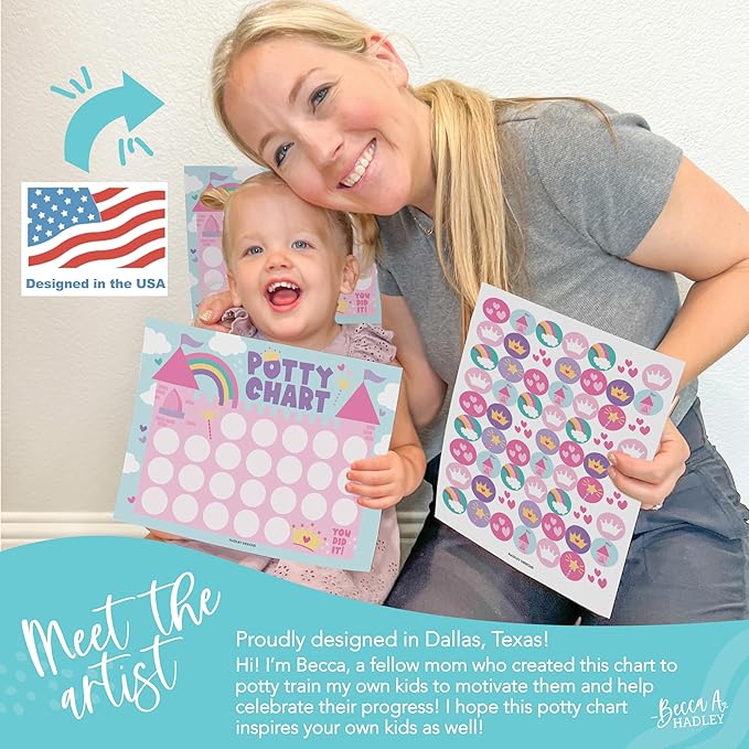 Hadley Designs Potty Training Chart for Toddlers Girls -10 Sticker Potty Chart for Toddlers Girls, 8.5x11" Potty Training Sticker Charts for Toilet Success, Princess Toddler Reward Chart for Kids
