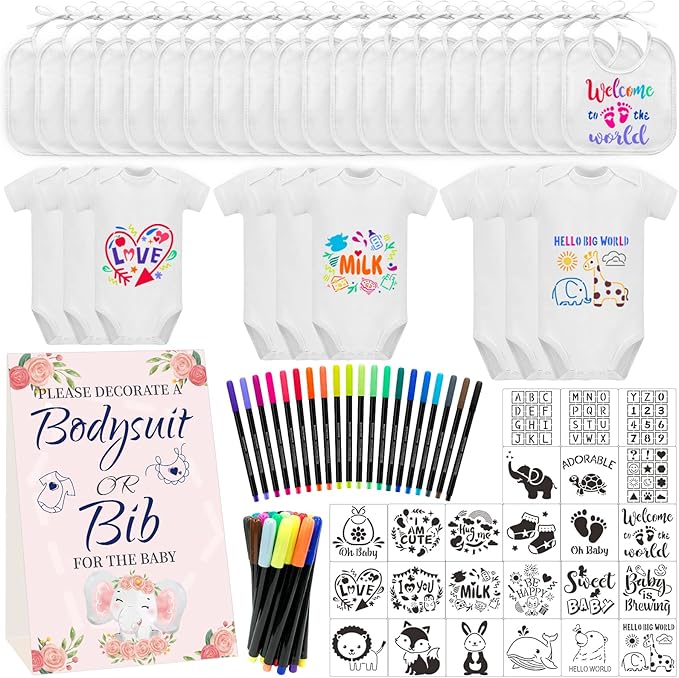 Bibs Bodysuits Baby Shower Game Sign Set Newborn Onesies Feeder Gift Fabric Marker Stencils Kit