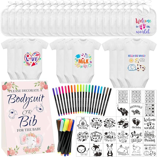 Bibs Bodysuits Baby Shower Game Sign Set Newborn Onesies Feeder Gift Fabric Marker Stencils Kit