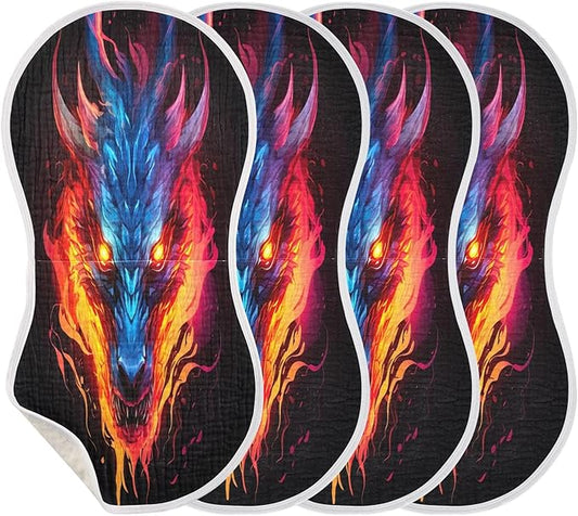 4 Pack Muslin Burp Cloths Dragon Fire Black Print Cotton Baby Burp Cloths Absorbent Soft Burping Cloth Washcloths for Newborn Babies 22x11 Inch