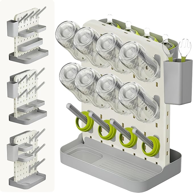 DIY Baby Bottle Drying Rack, Holds 12 Bottles, Space-Saving for Small Kitchen Counters, Modular Bottle Dryer with Removable Rods & Baskets, BPA-Free Countertop Organizer for Baby Feeding Essentials