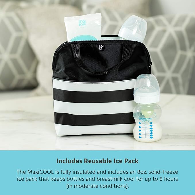J.L. Childress MaxiCOOL Breast Milk Cooler Travel Bag- Insulated Baby Bottle Storage Bag, Portable Organizer Pack for Moms, Includes Ice Pack for Food & Breast Milk, Fits 4 Bottles- Black/White Stripe