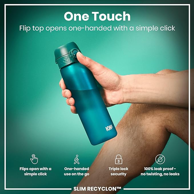 ION8 Water Bottle, 500 ml/18 oz, Leak Proof, Easy to Open, Secure Lock, Dishwasher Safe, BPA Free, Hygienic Flip Cover, Carry Handle, Fits Cup Holders, Easy Clean, Odor Free, Carbon Neutral, Aqua Blue