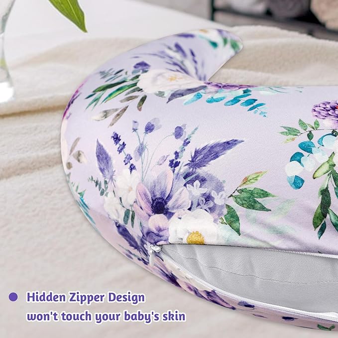 Floral Nursing Pillow Cover, Soft Breastfeeding Pillow Cover Purple, Removable Nursing Covers for Breastfeeding Pillows, Comfortable Slipcover for Baby Girl (Only Case)
