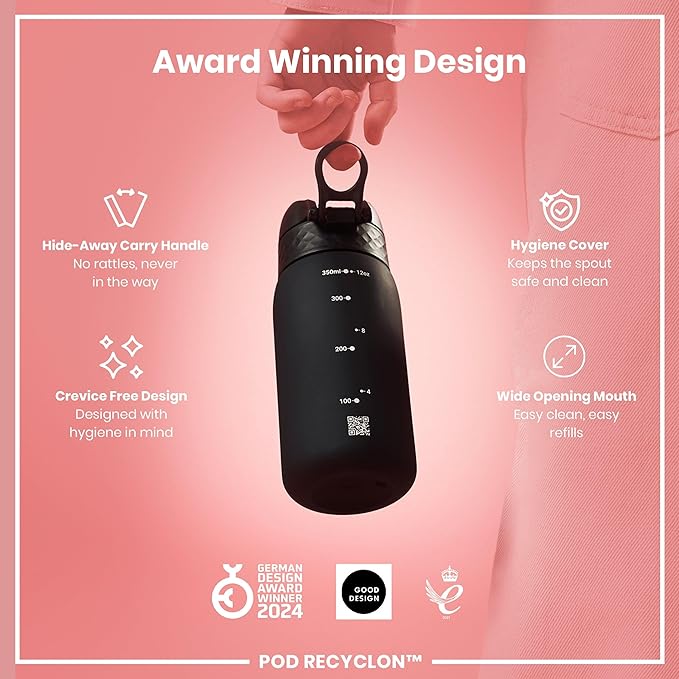 Ion8 Small Water Bottle, 350 ml/12 oz, Leak Proof, Easy to Open, Secure Lock, Dishwasher Safe, BPA Free, Carry Handle, Hygienic Flip Cover, Easy Clean, Odor Free, Carbon Neutral, Black