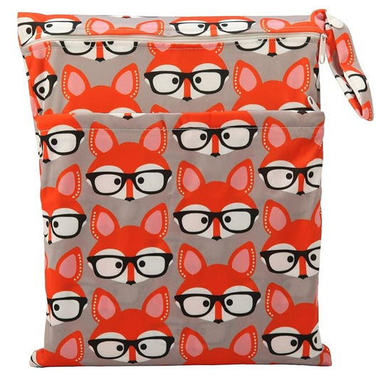 Medium Wet Dry Bag Baby Cloth Diaper Nappy Insert Bag Reusable Washable With Two Zippered Pockets (Glasses Fox)