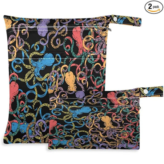 visesunny Colorful Octopus Animal Black Pattern 2Pcs Wet Bag with Zippered Pockets Washable Reusable Roomy for Travel,Beach,Pool,Daycare,Stroller,Diapers,Dirty Gym Clothes, Wet Swimsuits, Toiletries