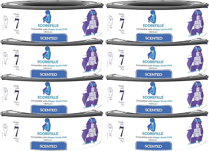 Diaper Pail Refills | Powder Scented Continuous Film with Max Odor Lock | Compatible with Diaper Genie Complete & Expressions (Universal, 8, Count)