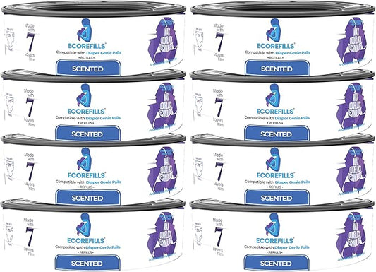 Diaper Pail Refills | Powder Scented Continuous Film with Max Odor Lock | Compatible with Diaper Genie Complete & Expressions (Universal, 8, Count)