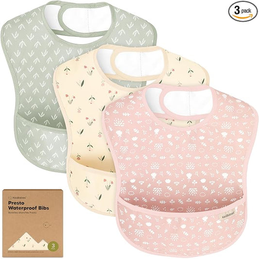 KeaBabies 3-Pack Waterproof Baby Bibs for Eating - Lightweight Toddler Feeding Bibs with Large Food Catcher, Mess Proof, Food-Grade Baby Eating Essentials, Easy to Put On & Clean (Fleur)