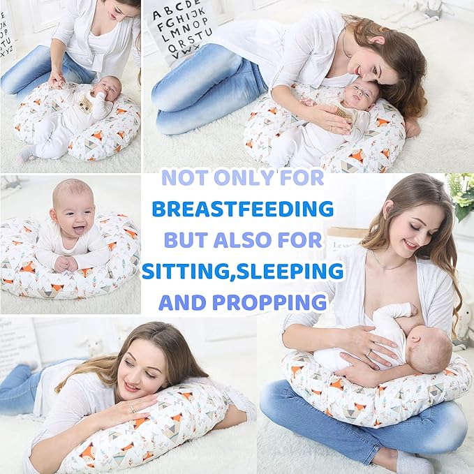 LAT Nursing Pillow for Breastfeeding,100% Cotton Removable Cover,Ergonomic Breast Feeding Pillows for Mom and Baby,Machine Washable(Fox Rabbit & Bear)