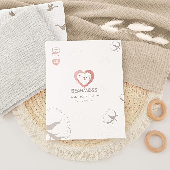 Bearmoss 6 Pack Muslin Burp Cloths for Baby, 100% Cotton Soft Large Burping Cloths for Unisex, Boy, Girl, 23.6" X 23.6" Newborn Essentials Absorbent Milk Spit Up Rags (White Apricot)