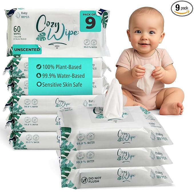Water Based Baby Wipes, 99.9% Purified Water, Unscented & Gentle for Sensitive Skin, Plastic-Free, 9 Packs (60 Wipes Each) – Safe for Newborns & Toddlers