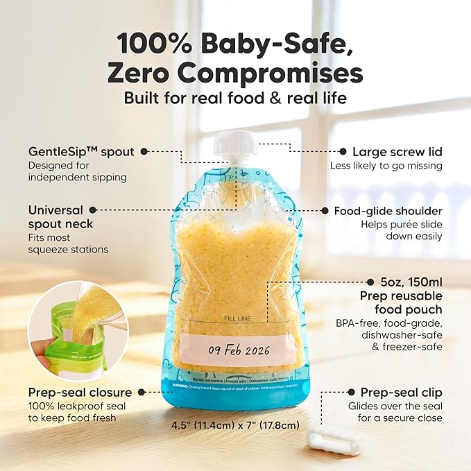 12-Pack Reusable Baby Food Pouches Refillable – 5oz Reusable Pouches for Toddlers, Kids Squeezable Yogurt, Apple Sauce, Fruit Smoothie, Baby Puree Container, Homemade Baby Food Essentials (Little Zoo)