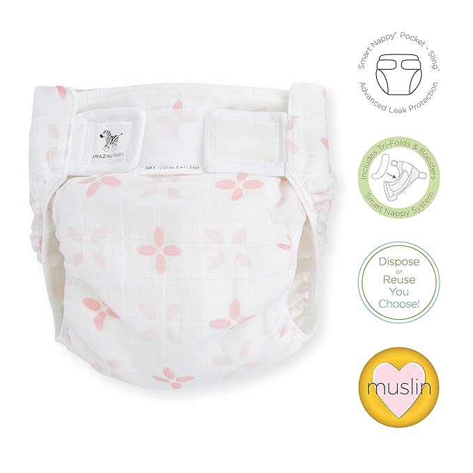 Amazing Baby Hybrid Cloth Diaper Cover with Pocket-Sling, Med, Sz 3 (12-25 lbs), Use with Boosties Inserts, Pink Springfield, SmartNappy Set includes Muslin Cover + Tri-fold Insert + Booster Pad