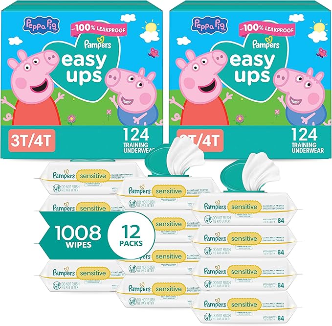 Pampers Easy Ups Pull On Training Underwear Girls, 3T-4T, 2 Month Supply (2 x 124 Count) with Sensitive Water Based Baby Wipes 12X Multi Pack Pop-Top and Refill (1008 Count)